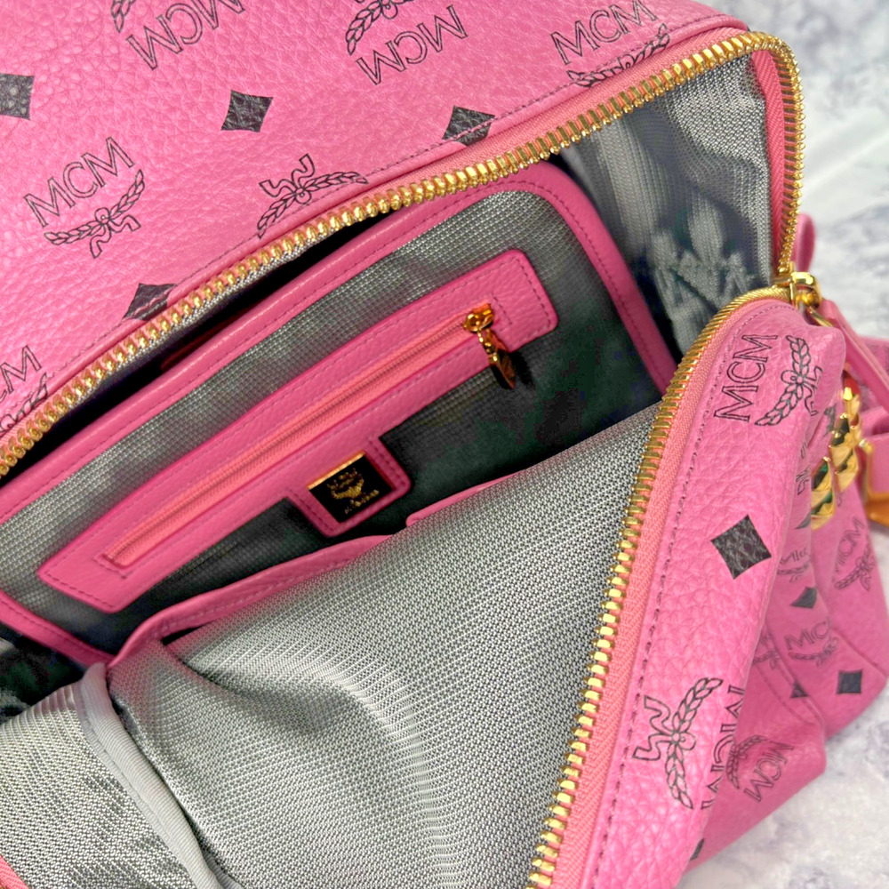 MCM Pink Monogram Gold Stud Leather Stark Backpack Laptop School Bag Comfort - Picture 15 of 16